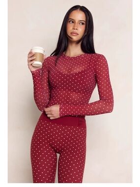 Sheer Polka Dot Long Sleeve Top in Wine